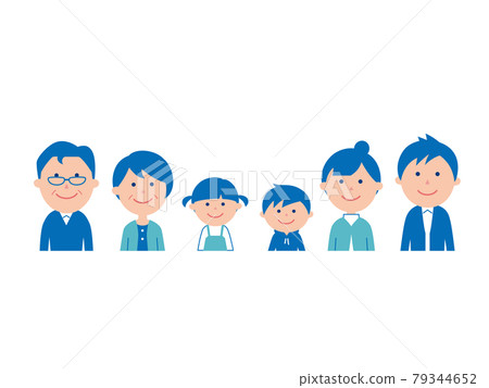 Family of six, side by side, upper body, blue 79344652