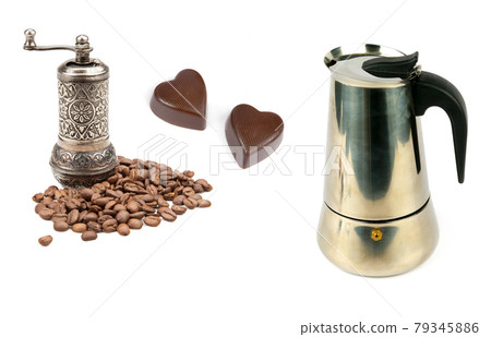 Coffee pot, coffee grinder, coffee beans and chocolate candies isolated on white. Collage 79345886