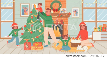 Family celebrate christmas at home. Parents and children decorate xmas tree in living room interior with fireplace. New year vector poster 79346117
