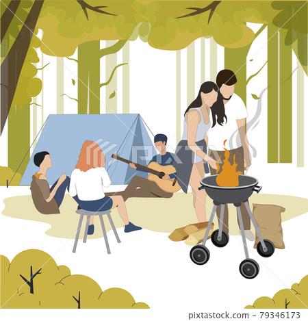 Outdoor recreation, people grill bbq, camping in forest 79346173