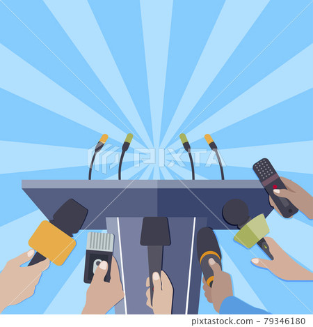 Rostrum with microphones for press release famous person or politician 79346180
