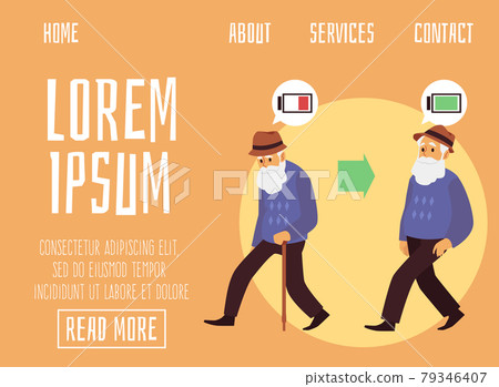 Web banner with exhausted and energetic elderly man, flat vector illustration. Web banner with exhausted and energetic elderly man, flat vector illustration. 79346407