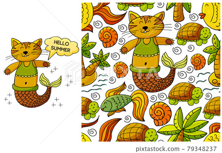 Set of element and seamless pattern. ideal for children's clothing. Mermaid cat and background with seashells and marine elements. Hello 79348237