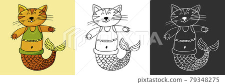 Icon set. Mermaid cat. Marine theme icon in hand draw style. Cute childish illustration of sea life. Icon, badge, sticker, print for clothes 79348275