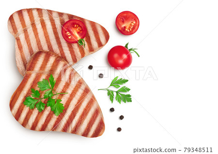 Tuna fish steak grilled isolated on white background with clipping path and full depth of field, Top view with copy space for your text. Flat lay Tuna fish steak grilled isolated on white background with clipping path and full depth of field, Top view with copy space for your text. Flat lay 79348511