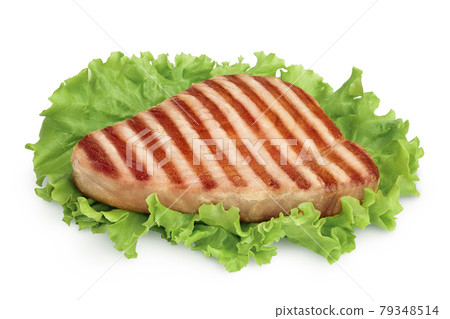 Tuna fish steak grilled isolated on white background with clipping path and full depth of field Tuna fish steak grilled isolated on white background with clipping path and full depth of field 79348514