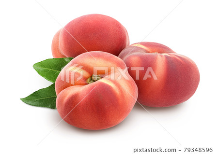 Ripe chinese flat peach fruit with leaf isolated on white background with clipping path and full depth of field 79348596