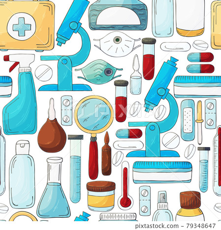 Seamless pattern on a white background. Cartoon medical instruments in hand draw style. Microscope, laboratory instruments 79348647