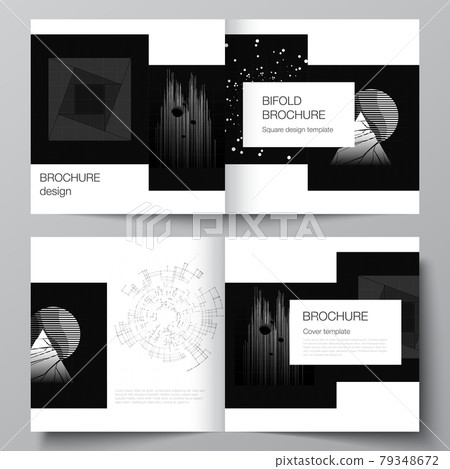 Vector layout of two covers templates for square design bifold brochure, flyer, cover design, book design. Black color technology background. Digital visualization of science, medicine, tech concept. 79348672