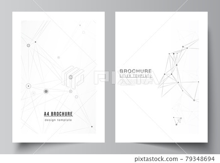 Vector layout of A4 cover mockups templates for brochure, flyer layout, booklet, cover design, book design, brochure cover. Gray technology background with connecting lines and dots. Network concept. 79348694