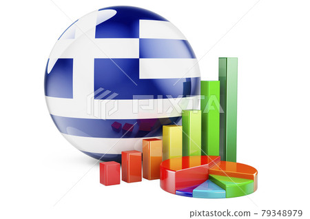 Greek flag with growth bar graph and pie chart. Business, finance, economic statistics in Greece concept. 3D rendering Greek flag with growth bar graph and pie chart. Business, finance, economic statistics in Greece concept. 3D rendering 79348979