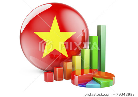 Vietnamese flag with growth bar graph and pie chart. Business, finance, economic statistics in Vietnam concept. 3D rendering 79348982