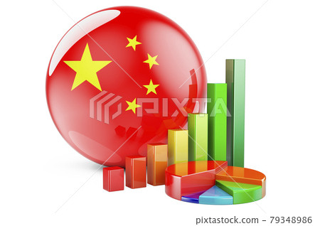 Chinese flag with growth bar graph and pie chart. Business, finance, economic statistics in China concept. 3D rendering Chinese flag with growth bar graph and pie chart. Business, finance, economic statistics in China concept. 3D rendering 79348986