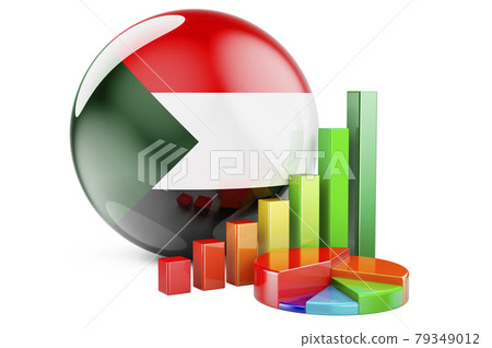 Sudanese flag with growth bar graph and pie chart. Business, finance, economic statistics in Sudan concept. 3D rendering Sudanese flag with growth bar graph and pie chart. Business, finance, economic statistics in Sudan concept. 3D rendering 79349012
