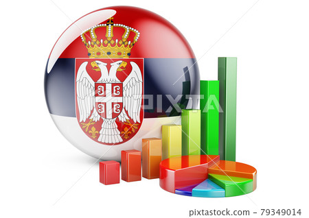 Serbian flag with growth bar graph and pie chart. Business, finance, economic statistics in Serbia concept. 3D rendering 79349014