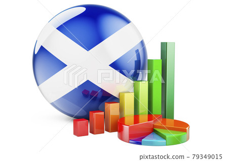 Scottish flag with growth bar graph and pie chart. Business, finance, economic statistics in Scotland concept. 3D rendering Scottish flag with growth bar graph and pie chart. Business, finance, economic statistics in Scotland concept. 3D rendering 79349015