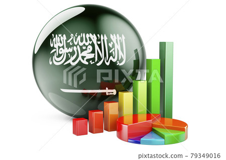 Saudi Arabian flag with growth bar graph and pie chart. Business, finance, economic statistics in Saudi Arabia concept. 3D rendering Saudi Arabian flag with growth bar graph and pie chart. Business, finance, economic statistics in Saudi Arabia concept. 3D rendering 79349016