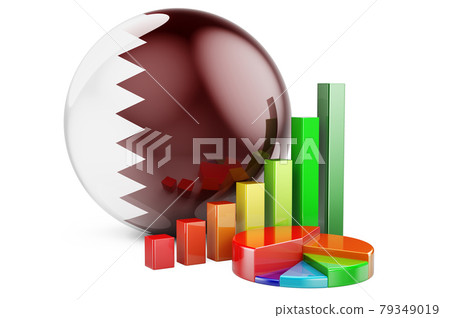 Qatari flag with growth bar graph and pie chart. Business, finance, economic statistics in Qatar concept. 3D rendering 79349019