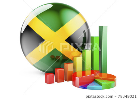 Jamaican flag with growth bar graph and pie chart. Business, finance, economic statistics in Jamaica concept. 3D rendering Jamaican flag with growth bar graph and pie chart. Business, finance, economic statistics in Jamaica concept. 3D rendering 79349021