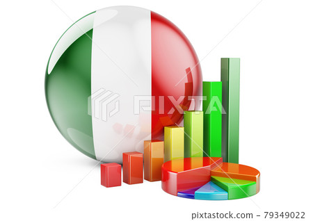 Italian flag with growth bar graph and pie chart. Business, finance, economic statistics in Italy concept. 3D rendering Italian flag with growth bar graph and pie chart. Business, finance, economic statistics in Italy concept. 3D rendering 79349022