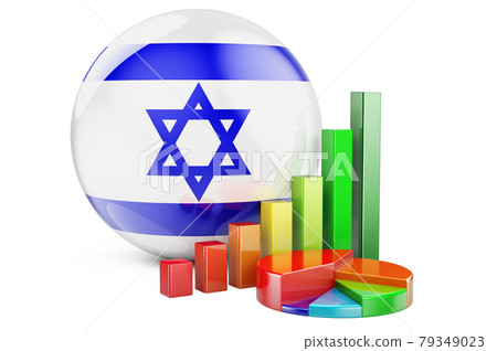 Israeli flag with growth bar graph and pie chart. Business, finance, economic statistics in Israel concept. 3D rendering Israeli flag with growth bar graph and pie chart. Business, finance, economic statistics in Israel concept. 3D rendering 79349023
