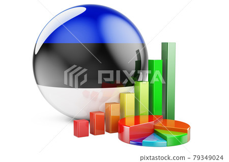 Estonian flag with growth bar graph and pie chart. Business, finance, economic statistics in Estonia concept. 3D rendering Estonian flag with growth bar graph and pie chart. Business, finance, economic statistics in Estonia concept. 3D rendering 79349024