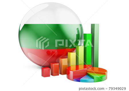 Bulgarian flag with growth bar graph and pie chart. Business, finance, economic statistics in Bulgaria concept. 3D rendering 79349029