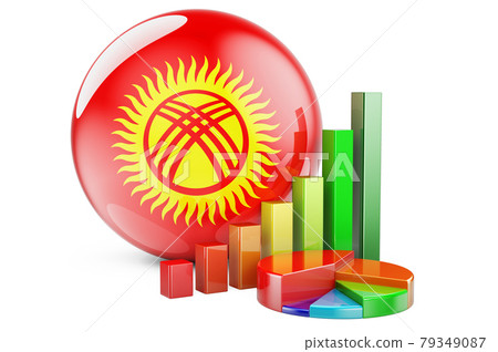 Kyrgyz flag with growth bar graph and pie chart. Business, finance, economic statistics in Kyrgyzstan concept. 3D rendering Kyrgyz flag with growth bar graph and pie chart. Business, finance, economic statistics in Kyrgyzstan concept. 3D rendering 79349087