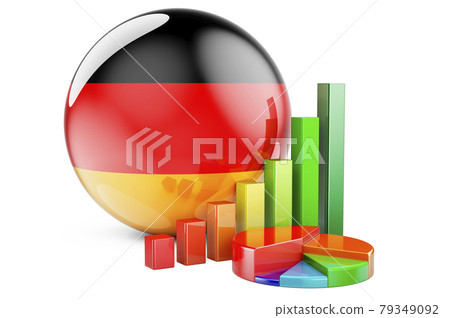 German flag with growth bar graph and pie chart. Business, finance, economic statistics in Germany concept. 3D rendering German flag with growth bar graph and pie chart. Business, finance, economic statistics in Germany concept. 3D rendering 79349092