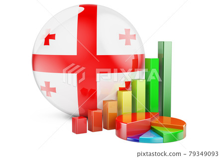 Georgian flag with growth bar graph and pie chart. Business, finance, economic statistics in Georgia concept. 3D rendering Georgian flag with growth bar graph and pie chart. Business, finance, economic statistics in Georgia concept. 3D rendering 79349093