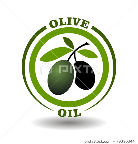 Vector circle logo Olive oil with green leaves branch and black fruit symbol in round pictogram for organic cosmetics sign, natural food labeling tags and herbal medicine products packaging contain Vector circle logo Olive oil with green leaves branch and black fruit symbol in round pictogram for organic cosmetics sign, natural food labeling tags and herbal medicine products packaging contain 79350344