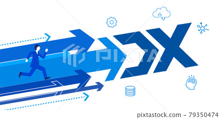 Running businessman and arrow, DX characters, DX promotion image illustration, white background, vector Running businessman and arrow, DX characters, DX promotion image illustration, white background, vector 79350474