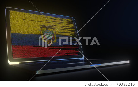 Flag of Ecuador made with computer code on the laptop screen. Hacking or cybersecurity related 3d rendering 79353219