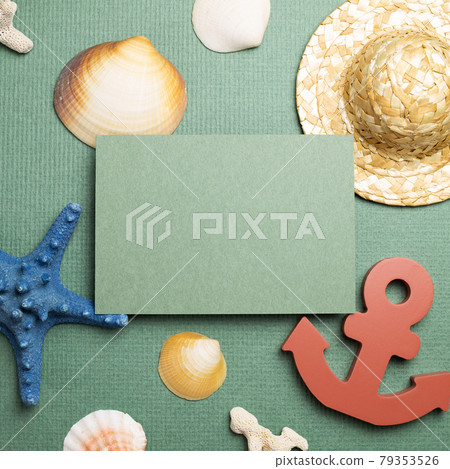 Blank memo pad and seashell, straw hat, anchor, starfish on green background. summer marine decoration. flat lay, top view, copy space 79353526