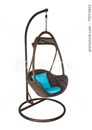 Wicker hanging chair swing hanging on a chain with cyan cushions pillow isolated on white background Wicker hanging chair swing hanging on a chain with cyan cushions pillow isolated on white background 79353601