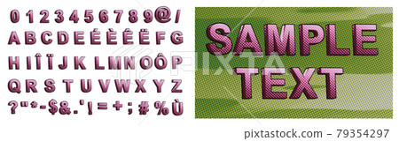 letters retro comic alphabet text uppercase with foreign language accents purple pink 79354297