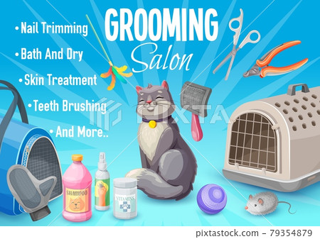 Pet care, cat grooming salon poster with kitten Pet care, cat grooming salon poster with kitten 79354879