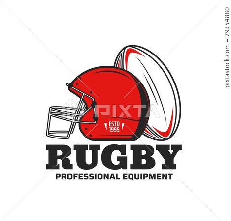 Rugby sport icon with ball and scrum cap or helmet 79354880