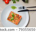 Top down view to piece of lasagna on white plate 79355650