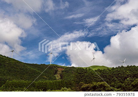 Scenery of wind power generation in the wind blowing in Aso in the white clouds and blue sky Scenery of wind power generation in the wind blowing in Aso in the white clouds and blue sky 79355978