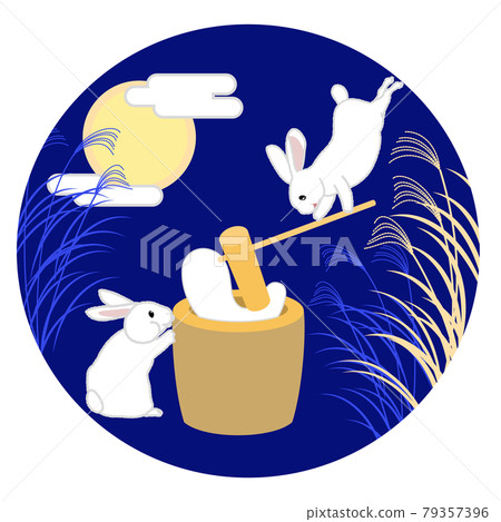 Two rabbits making rice cakes under the moonlit night 79357396
