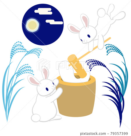 Moon Rabbit Rice Cake Two rabbits making rice cakes under the moonlit... - Stock Illustration ...