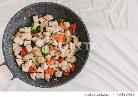 Stir fried chicken with mixed vegetables. Stir fried chicken with mixed vegetables. 79358480