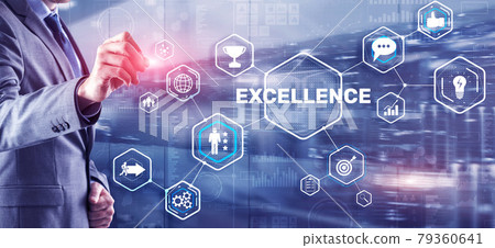 Excellence Concept. Quality Service. Businessman pressing Excellence virtual screen Excellence Concept. Quality Service. Businessman pressing Excellence virtual screen 79360641