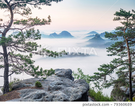 Beautiful morning view Saxony Switzerland. Sandstone peaks and hills Beautiful morning view Saxony Switzerland. Sandstone peaks and hills 79360689