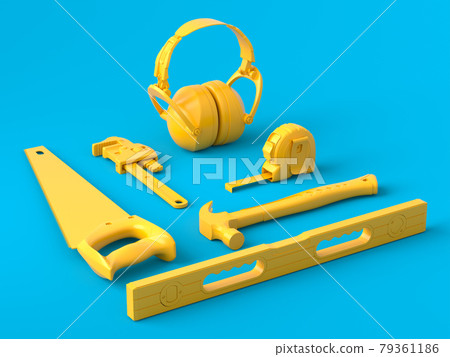 Isometric view of monochrome construction tools for repair on blue and yellow 79361186