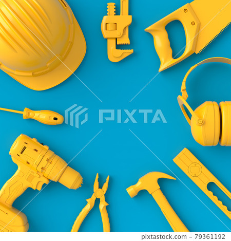 Top view of monochrome construction tools for repair on blue and yellow Top view of monochrome construction tools for repair on blue and yellow 79361192