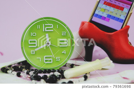 Menstrual pads, blood period calendar and clocks. Menstruation period pain protection. Feminine hygiene products 79361698