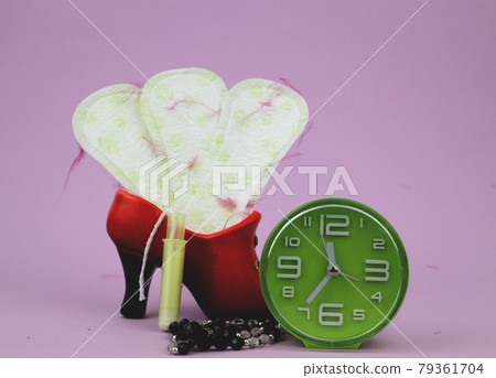 Medical conception photo. Red dreamy smile crochet blood drop, daily and menstrual pad and tampon, Woman critical days, gynecological menstruation cycle, Menstruation sanitary woman hygiene 79361704