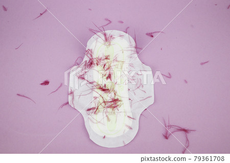 Medical conception photo. Red dreamy smile crochet blood drop, daily and menstrual pad and tampon, Woman critical days, gynecological menstruation cycle, Menstruation sanitary woman hygiene 79361708